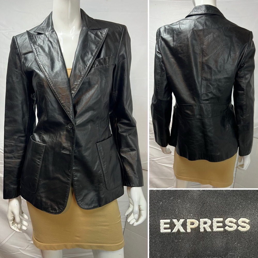 Express Vintage Y2K 90s Women’s 7/8 Black Genuine Leather Blazer Jacket Coat